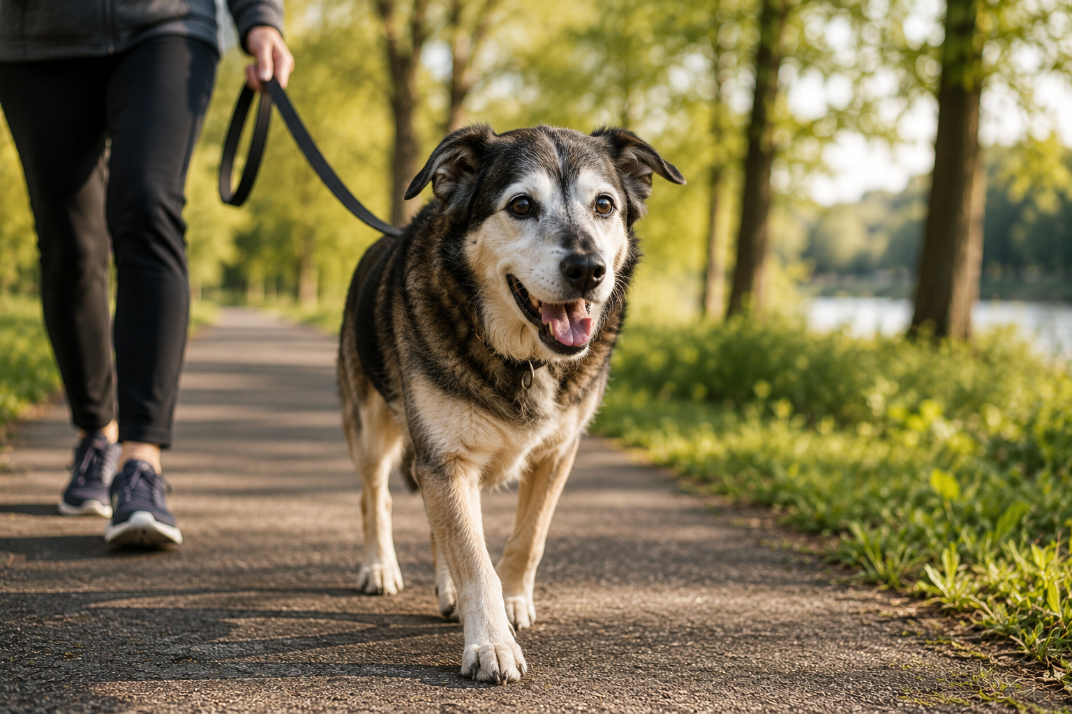 senior mixed breed dog walking outdoors with owner during safe low-impact exercise in park