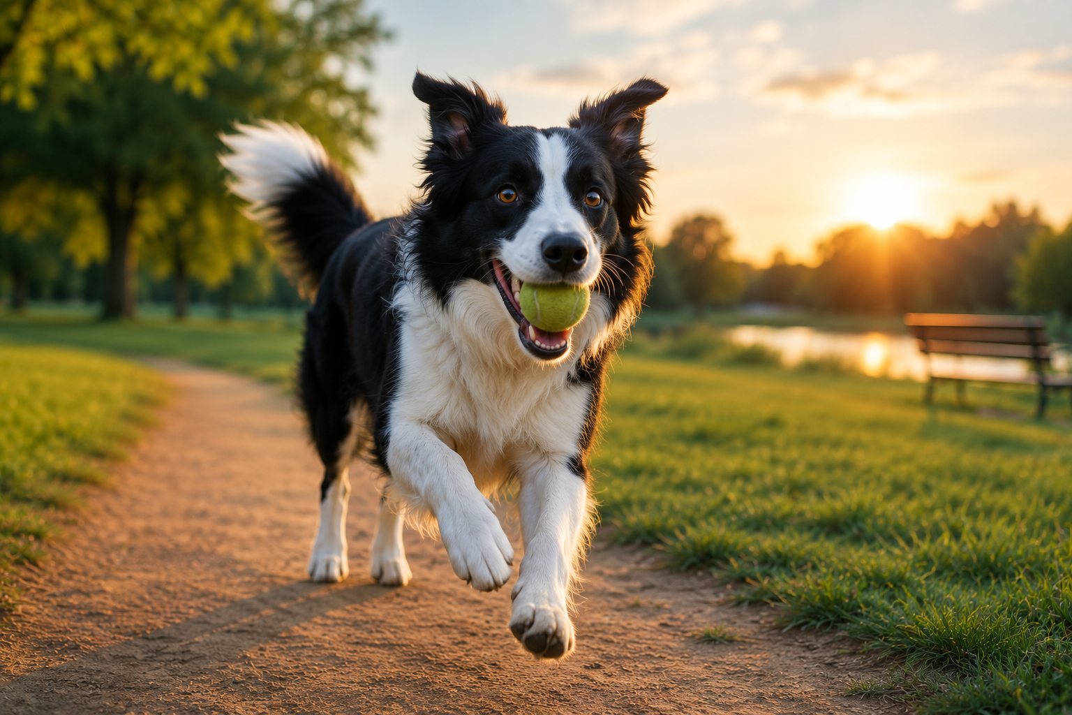 active Border Collie running outdoors with tennis ball during daily exercise session at sunset