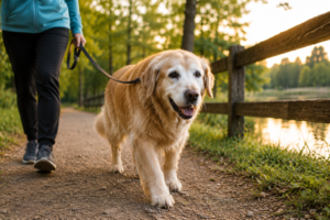 older Golden Retriever walking outdoors with owner during gentle low-impact exercise on nature trail