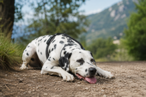 dog resting during outdoor walk looking tired and low energy