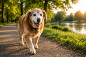 happy senior dog walking outdoors during healthy daily exercise routine near lake at sunset