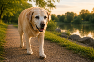 senior Labrador Retriever walking outdoors during low-impact exercise near lake at sunset