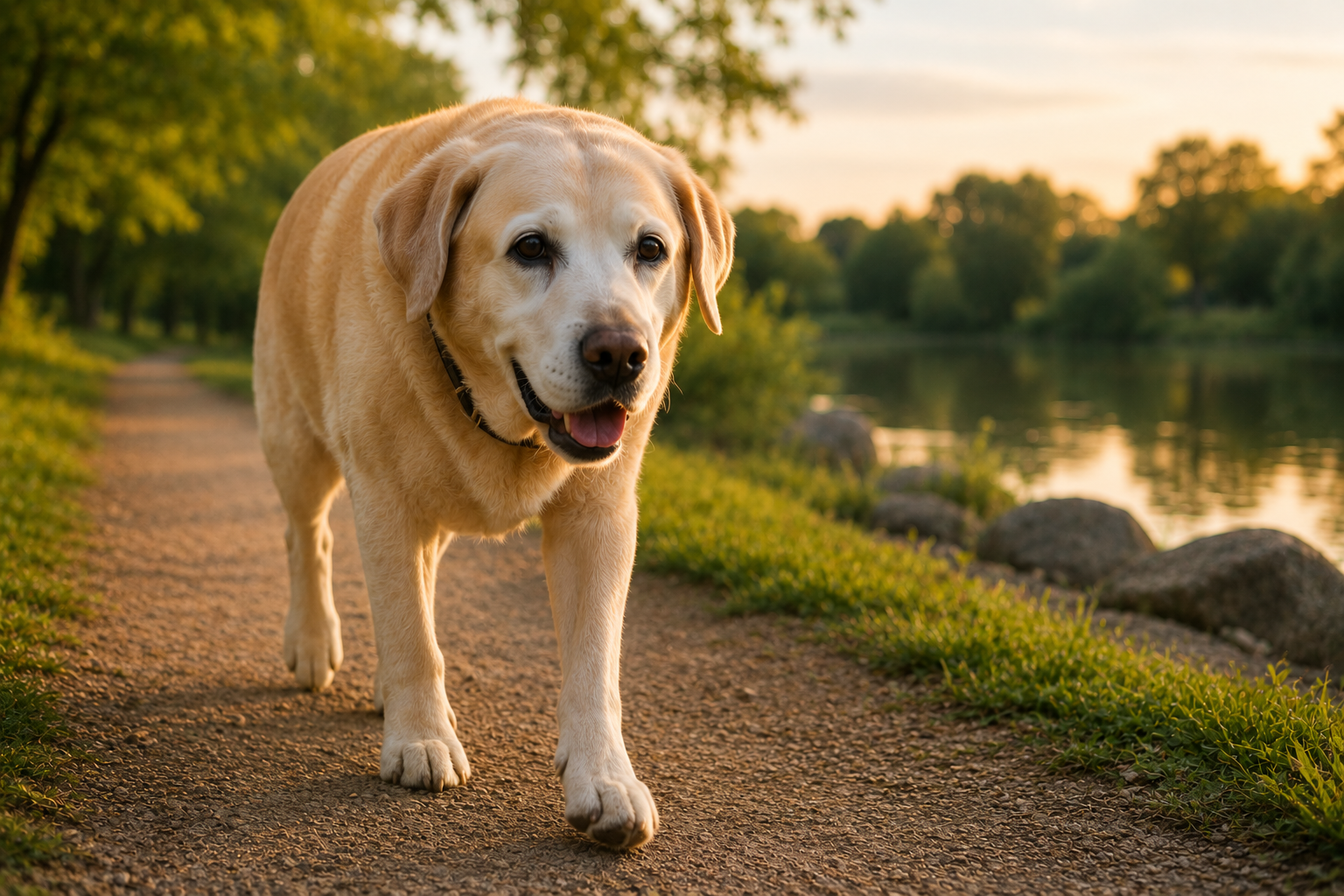 senior Labrador Retriever walking outdoors during low-impact exercise near lake at sunset
