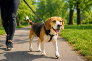overweight dog walking outdoors for weight loss