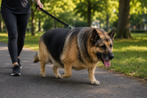 overweight dog walking slowly outdoors with owner