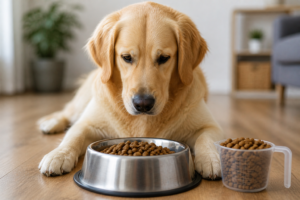 dog eating measured portion of food for calorie control