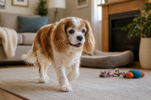 senior Cavalier King Charles Spaniel walking indoors through living room during gentle exercise