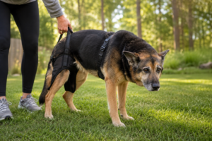 older German Shepherd with weak back legs using a mobility support harness during gentle outdoor exercise
