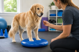 dog standing on balance cushion during supervised mobility exercise