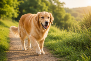 Golden Retriever walking slowly on a grassy trail during injury rehabilitation.