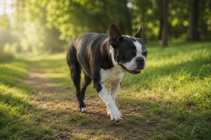 Boston Terrier performing gentle rehabilitation exercise after ACL surgery outdoors.