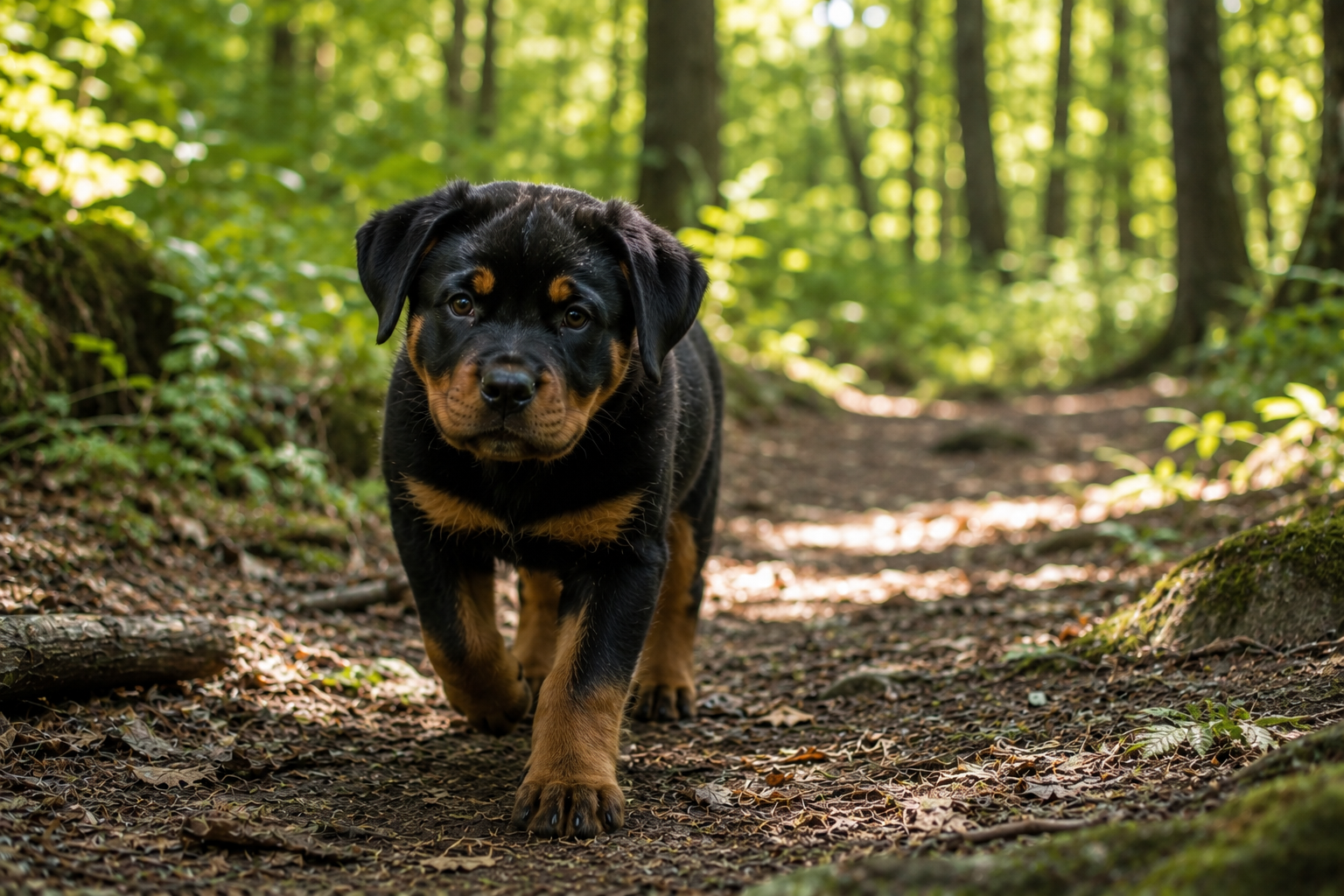 German Shepherd puppy taking a short walk on a shaded woodland trail.