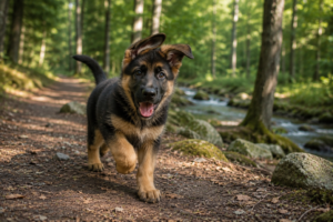 German Shepherd puppy walking along a forest trail beside a small creek during a safe outdoor exercise session.